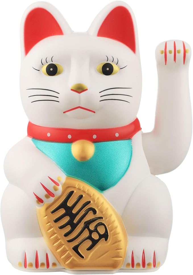 Gold/Black/White Maneki Neko Lucky Cat,Fengshui Cat- Waving Arm Battery Operated for Fortune Money and Good Luck (White, 10 in)