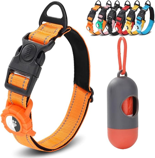 JSXD AirTag Dog Collar, Night Reflective Nylon Dog Collar for Small Medium Large Dogs,Lockable Quick Release Buckle,Padded Breathable Pet Collar with AirTag Holder (Orange, Small)
