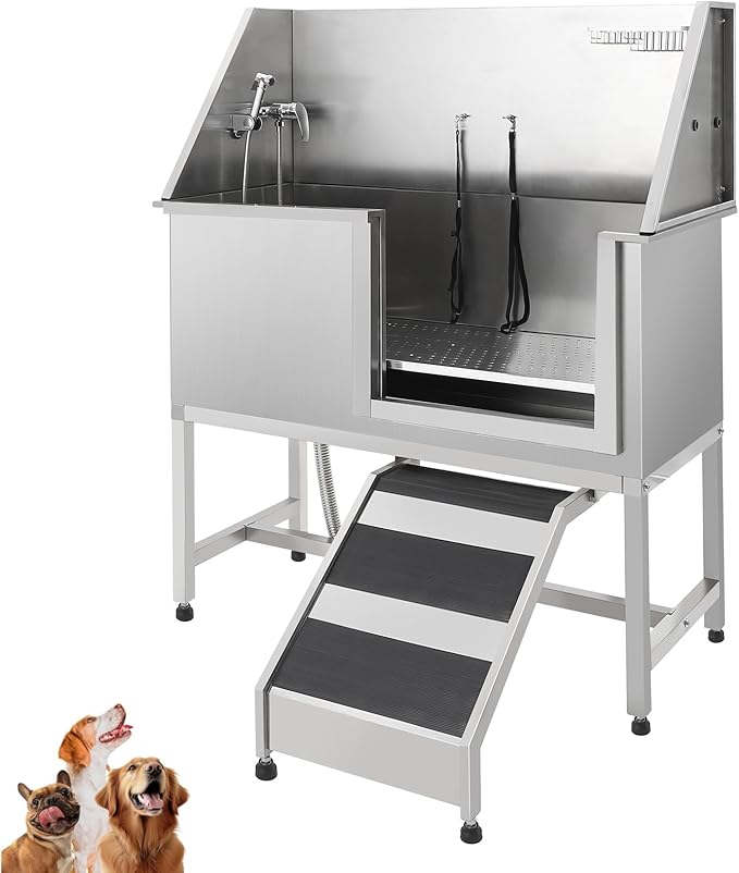 JoyJoy Stainless Steel Dog Washing Station - Dog Bath Tub for Large, Medium, Small Dogs, Pet Grooming Tub with Ramp, Non-Slip Grate, Shower, Soap Box, Faucet, Drain for Home & Outdoor(38")