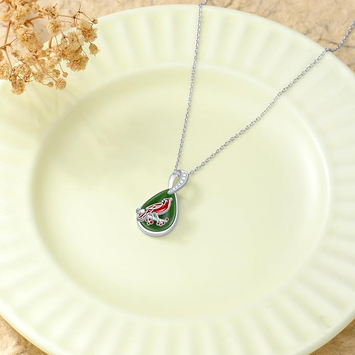 Green Jade Necklace Sterling Silver Teardrop Hummingbird/Dragonfly/Butterfly/Bee/Cat/Cardinal/Owl/Fox/Sloth Natural Jade Jewelry Birthday Mothers Day Christmas Gifts Women Mom Her