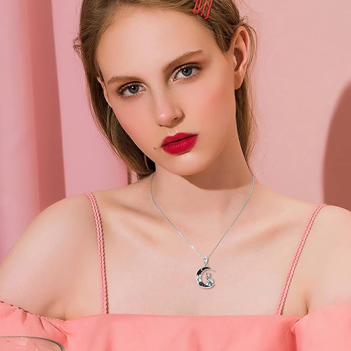 Gothic Jewelry Bat/Cat/Wolf/Dragon/Owl/Fox/Spider/Sun Pendant Sterling Silver Crescent Moon Necklace for Women Girls Black Jewelry Gifts
