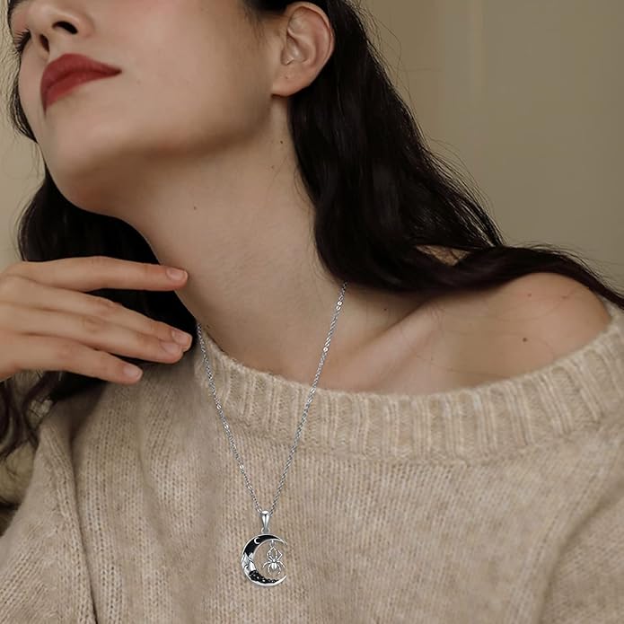 Gothic Jewelry Bat/Cat/Wolf/Dragon/Owl/Fox/Spider/Sun Pendant Sterling Silver Crescent Moon Necklace for Women Girls Black Jewelry Gifts