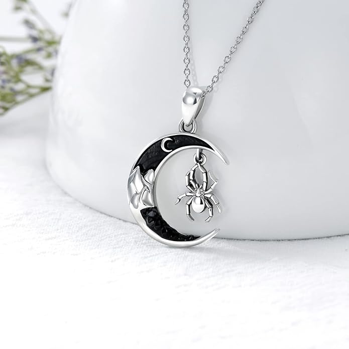 Gothic Jewelry Bat/Cat/Wolf/Dragon/Owl/Fox/Spider/Sun Pendant Sterling Silver Crescent Moon Necklace for Women Girls Black Jewelry Gifts