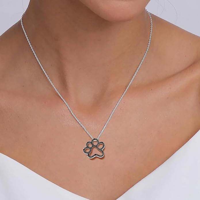 Jewelili Sterling Silver or Yellow Gold Plated Sterling Silver Dog Paw Pendant Necklace for Women | Treated Black or Natural White Round Diamonds | 18" Rolo Chain | Luxury Jewelry Gift for Her | Gift Box Included