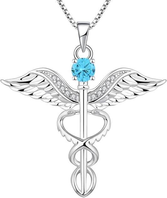 YL Caduceus Necklace Sterling Silver Doctor Nurse Themed Pendant Birthstone Angel Wings Snake Jewelry for Women