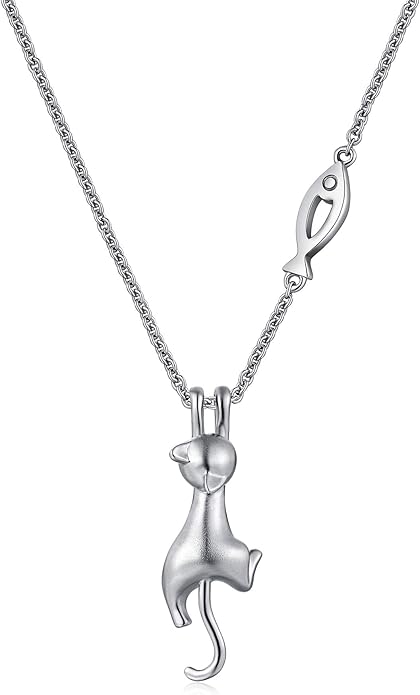 jiamiaoi 18K White Gold Plated Cat Necklace 925 Sterling Silver Diamond Cat Necklace Silver Cat On Moon Necklace for Women Gift for Birthday/Christmas, Come with Gift Box