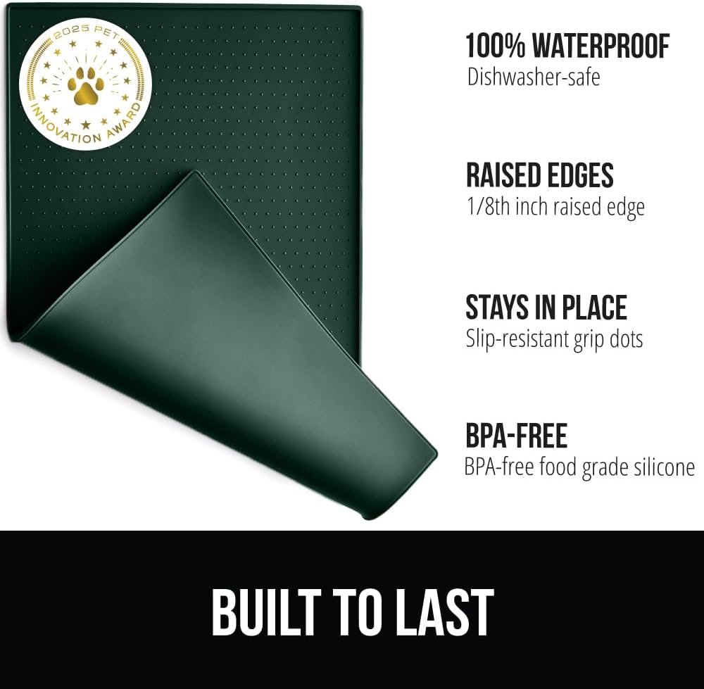 GORILLA GRIP 100% Waterproof Raised Edge BPA Free Silicone Pet Feeding Mat, Dog Cat Food Mats Contain Spills Protects Floors, Placemats for Cats and Dogs Water Bowl, Pets Accessories 16x10, Green