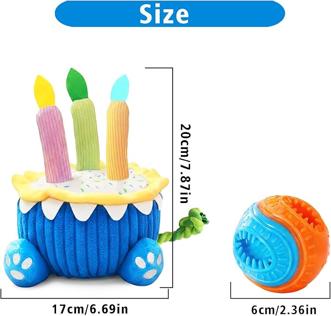 4-in-1 Dog Birthday Cake Toy, Interactive Snuffle Puzzle, Funny Dog Toys—Plush Squeaky Treat Dispenser with Cotton Rope, Hide & Seek Enrichment Toy for Small/Medium/Large Dogs, Gotcha Day Party Gift