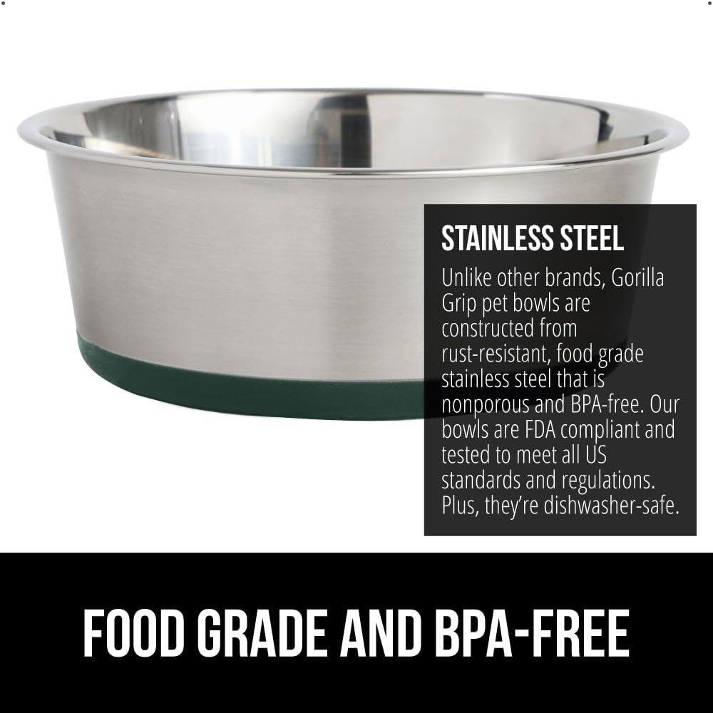 GORILLA GRIP Set of 2 Dog Bowls, Heavy Duty Metal Food and Water Bowl for Feeding Dogs and Cats, Dishwasher Safe, Rust Resistant Stainless Steel, BPA Free Rubber Base, Holds 2 Cups (16 fl oz), Green