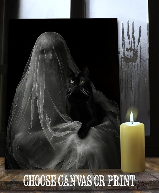 Ghost with a Black Cat Halloween Poster - Dark Academia Gothic Home Decor, Eerie Mystery Figure Art Print for Halloween Enthusiasts and Unique Wall Art Collectors (Stretched Canvas, 18" x 24")