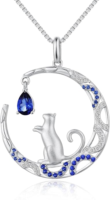 jiamiaoi 18K White Gold Plated Cat Necklace 925 Sterling Silver Diamond Cat Necklace Silver Cat On Moon Necklace for Women Gift for Birthday/Christmas, Come with Gift Box