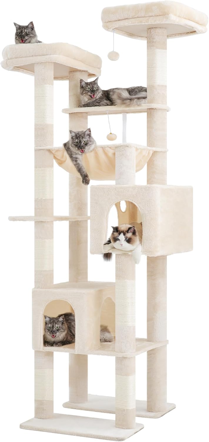 Hey-brother Tall Cat Tree Tower, Heavy Duty Scratching Posts with Large Platforms, Cozy Condos, Big Hammock, Toy Balls, Multi-Level Furniture for Indoor Adult Cats, 80.7 Inches, Beige MPJ039M