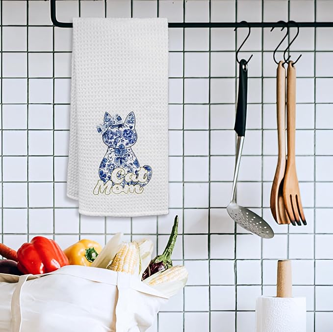 HIWX Cat Mom Kitchen Towels, Blue Chinoiserie Floral Kitty Decorative Kitchen Dish Towels, Cat Mom Lady Lovers Owners Gifts for Women Hand Towels for Bathroom Decor, 16x24 Inches
