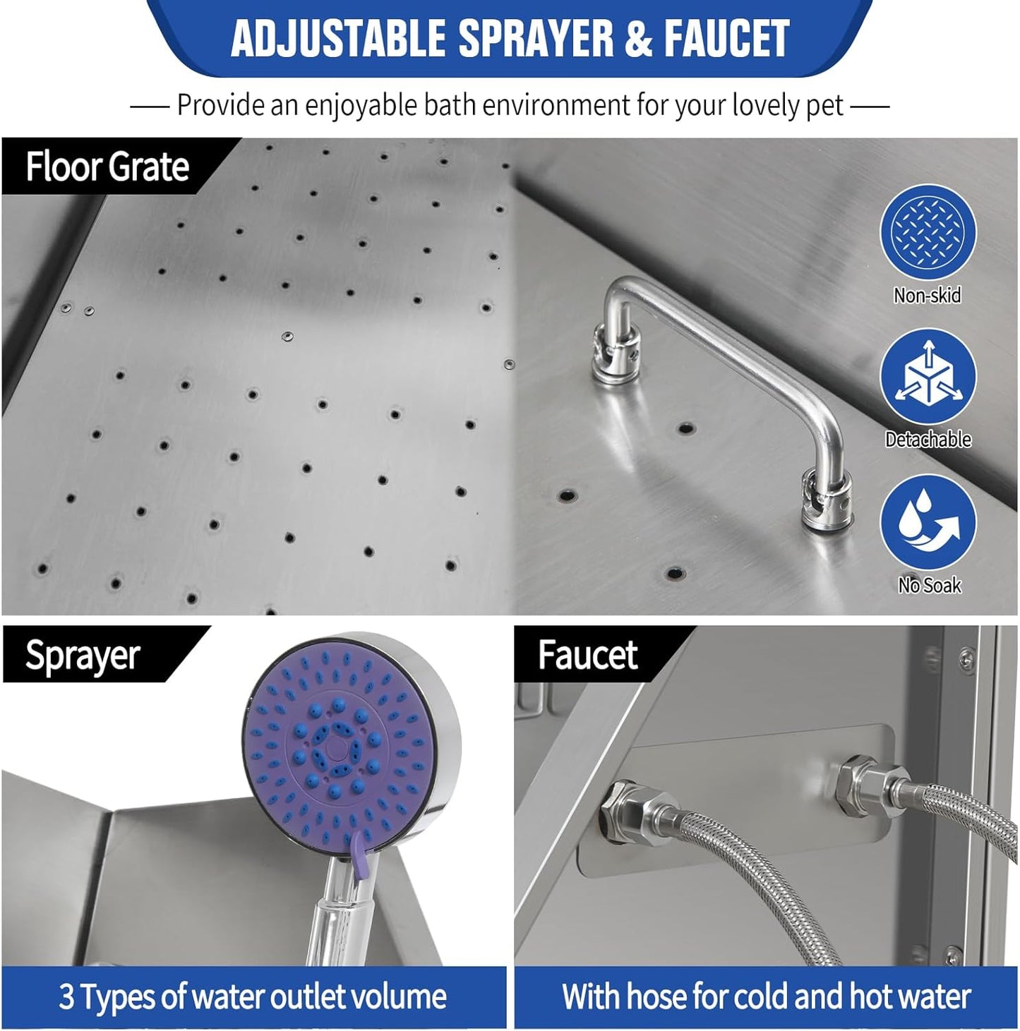 Dog Washing Station 38'' Stainless Steel Pet Grooming Tub for Large Dogs Over-Size Professional Dog Grooming Bathtub Station Wash Shower Sink Pet Grooming Bathtub Station