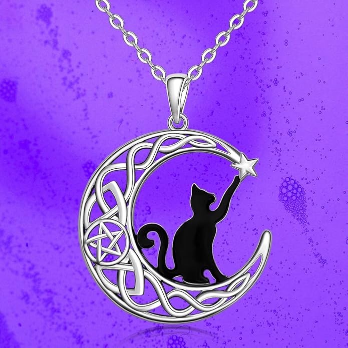 Fenthring Black Cat Necklace Sterling Silver Crescent Moon Celtic Knot Cat Necklaces for Women Cute Animal Infinity Pentacle Cats Halloween Christmas Holiday Jewelry
