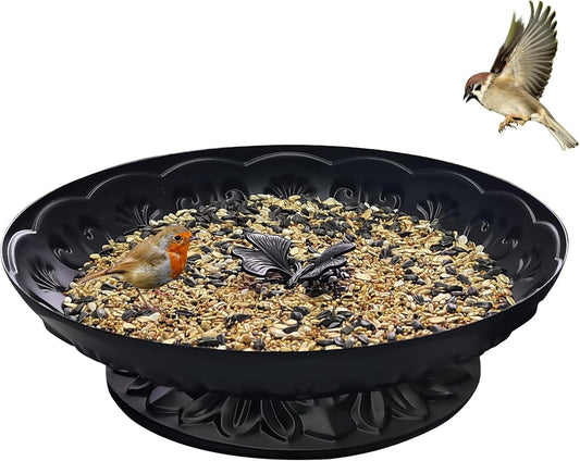 Ground Platform Bird Feeder Tray,11” Metal Large Standing Bird Feeder Mesh Seed Tray,for Outdoor Garden (Black-1 Pack)