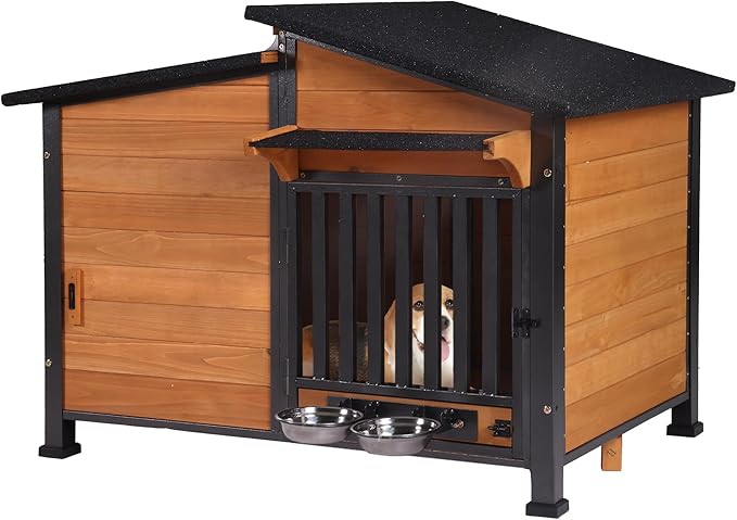 GUTINNEEN Dog House Outdoor with Anti-Chewing Metal Frame, Wooden Dog Kennel with 360Β° Rotating Feeding Bowl, Weatherproof Roof, for Indoor & Outdoor Use - Natural Wood Color