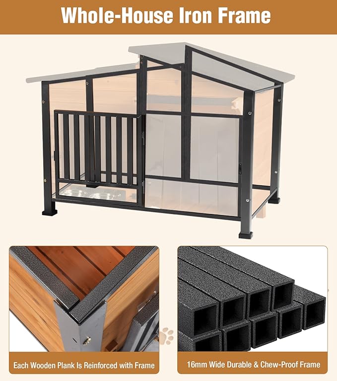 GUTINNEEN Heated Dog House Outdoor with Electric Heating Pad, Insulated Wooden Dog Kennel with 360Β° Rotating Feeding Bowl, Anti-Chewing Metal Frame, Natural Wood Color