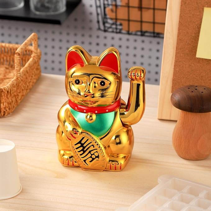 Gold/Black/White Maneki Neko Lucky Cat,Fengshui Cat- Waving Arm Battery Operated for Fortune Money and Good Luck (Gold, 6 in)