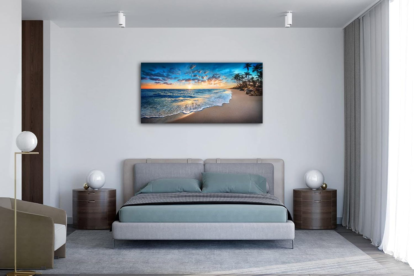Jiuqinghua Canvas Prints Wall Art Blue Beach Ocean Landscape Paintings 1 panel Sunset Sea Waves Wall Decor Pictures Stretched and Framed for Living Room Bedroom and Office Decor Artwork 30x60inch