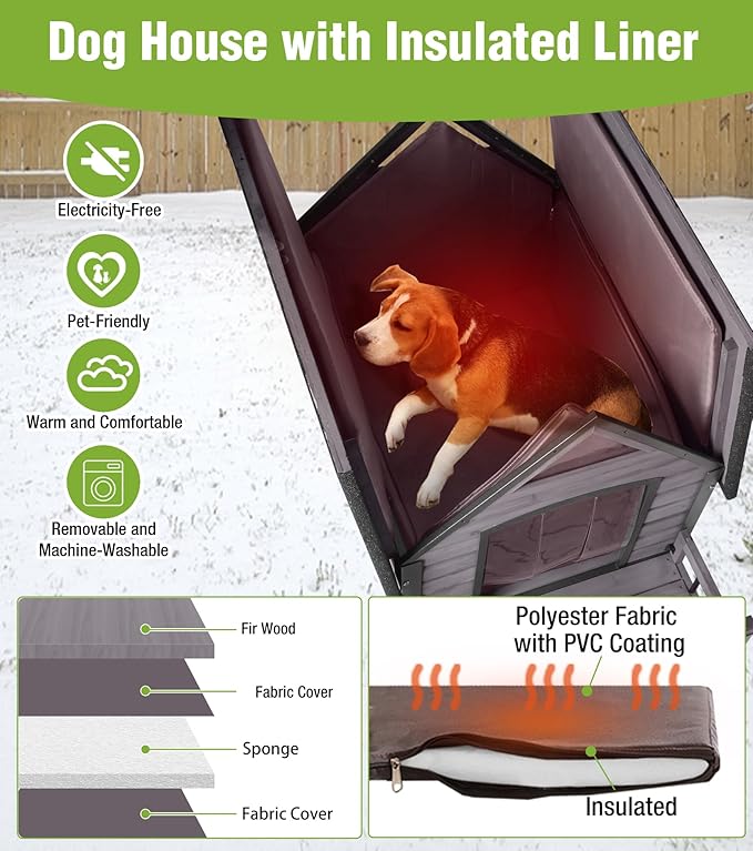 GUTINNEEN Insulated Dog House Outdoor, Waterproof Dog Kennel with Anti-Bite Design, Asphalt Roof, Elevated Base, PVC Curtain, for Small to Medium Dogs - Grey