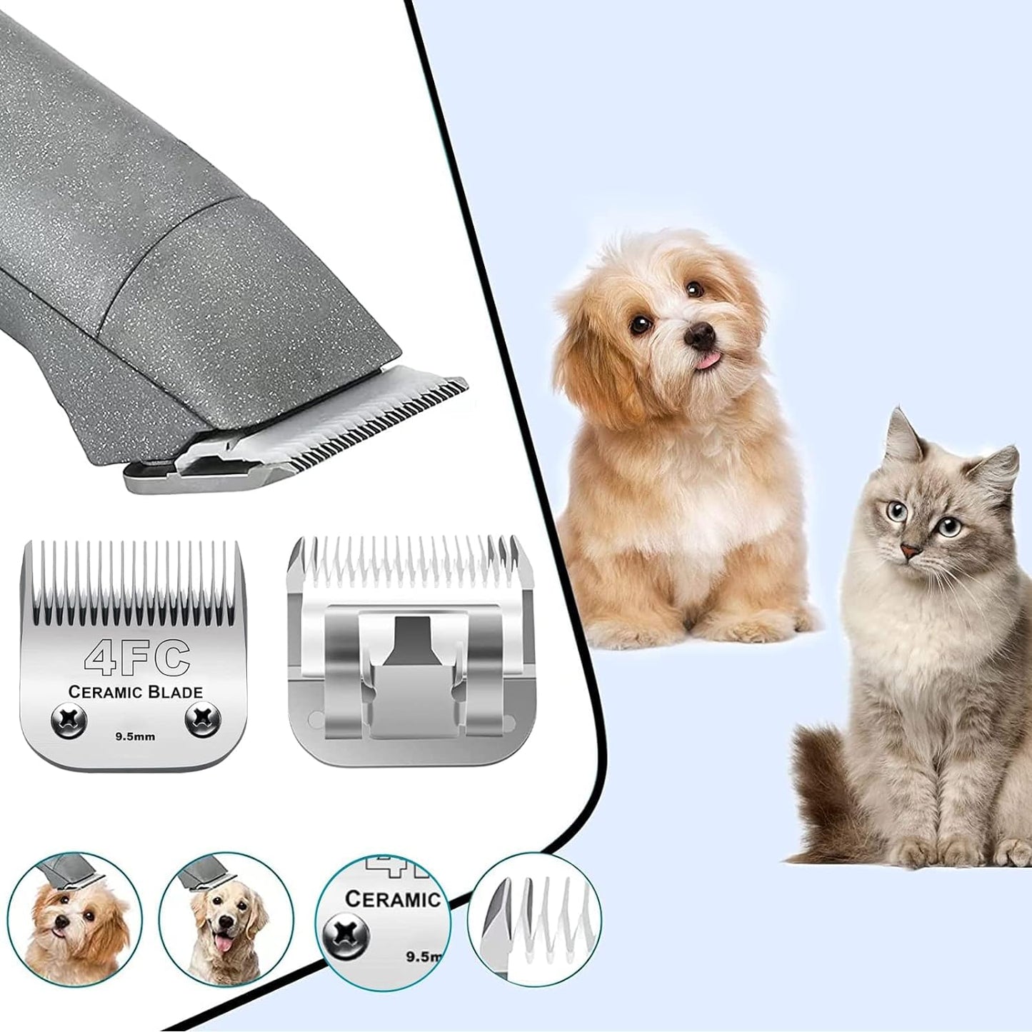 3PCS 4FC Blades Dog Grooming Clipper Replacement Blades Compatible with Andis Pet Clipper/Oster A5/Wahl KM Series Dog Clipper,Ceramic Blade & Stainless Steel Blade