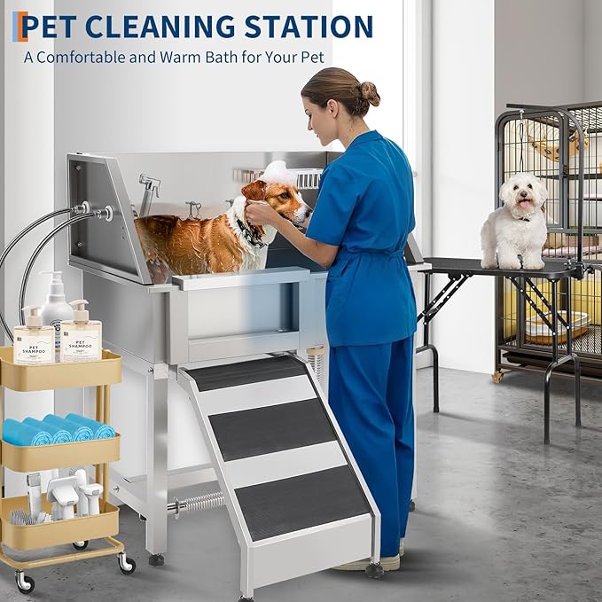 JoyJoy Stainless Steel Dog Washing Station - Dog Bath Tub for Large, Medium, Small Dogs, Pet Grooming Tub with Ramp, Non-Slip Grate, Shower, Soap Box, Faucet, Drain for Home & Outdoor(38")
