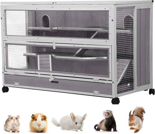 GUTINNEEN Guinea Pig Cages - Metal Iron Frame, Hamster Cage with Chew-Proof Aluminum Edges, Movable Small Animal Hideout with Leak-Proof Tray, White