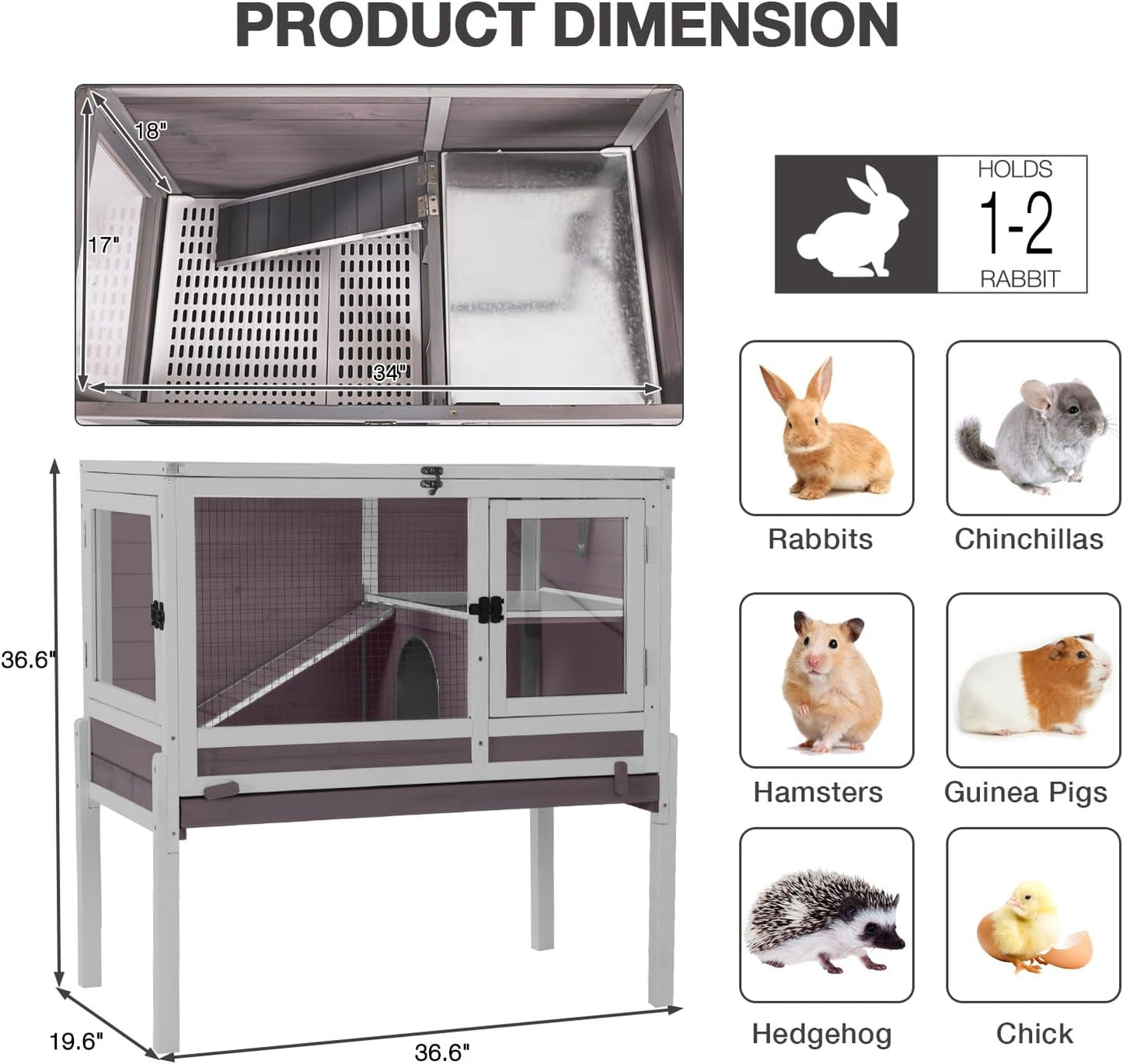 Guinea Pig Cage Indoor with Wheels Rabbit Hutch with Removable Proof Tray and Cool Zinc Plate Chew-Resistant Metal Frame Hamster Cage with Elevated Legs 36.6" L(Grey)