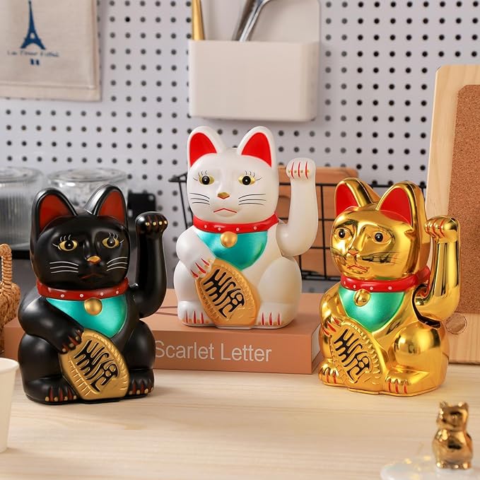 Gold/Black/White Maneki Neko Lucky Cat,Fengshui Cat- Waving Arm Battery Operated for Fortune Money and Good Luck (White, 8 in)