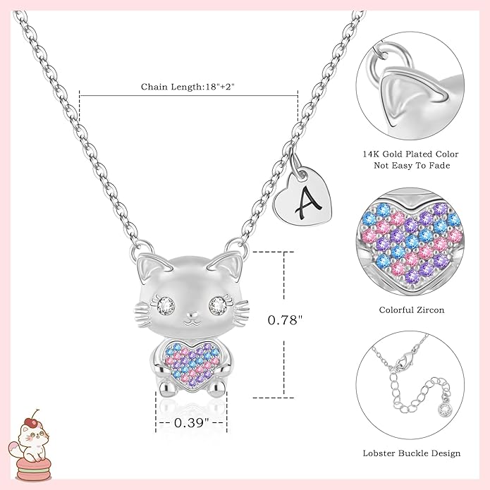 Gifts for Girls Necklace, Cat Heart Pendant Necklace for Jewelry Initial Necklace for Girl Birthday Christmas Gifts
