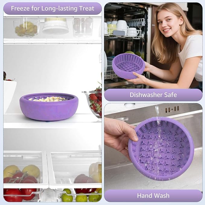 Dog Lick Bowl, ZOURYNUA Non-Slip Slow Feeder Dog Bowls, Enrichment Licking Mat for Distraction, Anxiety Relief Treat Dispenser Freezer, BPA Free Silicone & Dishwasher Safe (Purple, Large)