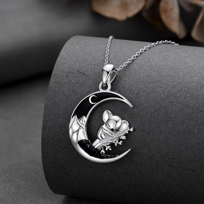 Gothic Jewelry Bat/Cat/Wolf/Dragon/Owl/Fox/Spider/Sun Pendant Sterling Silver Crescent Moon Necklace for Women Girls Black Jewelry Gifts