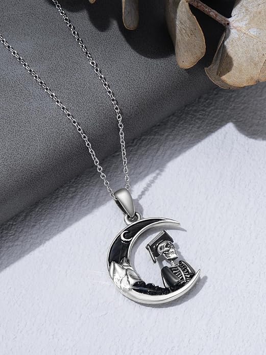 Gothic Jewelry Bat/Cat/Wolf/Dragon/Owl/Fox/Spider/Sun Pendant Sterling Silver Crescent Moon Necklace for Women Girls Black Jewelry Gifts