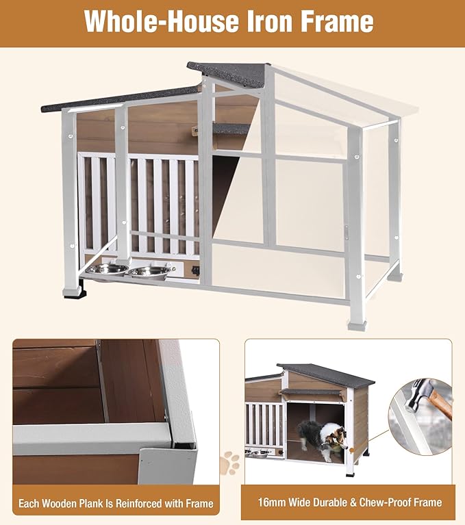 GUTINNEEN Dog House Outdoor with Anti-Chewing Metal Frame, Wooden Dog Kennel with 360Β° Rotating Feeding Bowl, Weatherproof Roof, for Indoor & Outdoor Use - Brown