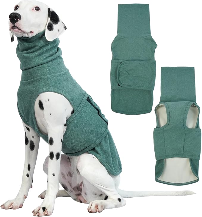 ROZKITCH Dog Anxiety Vest Calming Jacket with Hoodie Soft Ears Cover, Warm Clothes with Ear Wrap for Fireworks Travel Vet Visit Separation Anxiety Relief, Calming Shirt Wrap Green 2XL
