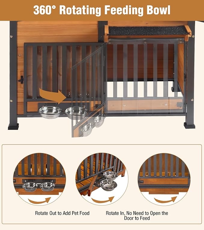 GUTINNEEN Dog House Outdoor with Anti-Chewing Metal Frame, Wooden Dog Kennel with 360Β° Rotating Feeding Bowl, Weatherproof Roof, for Indoor & Outdoor Use - Natural Wood Color