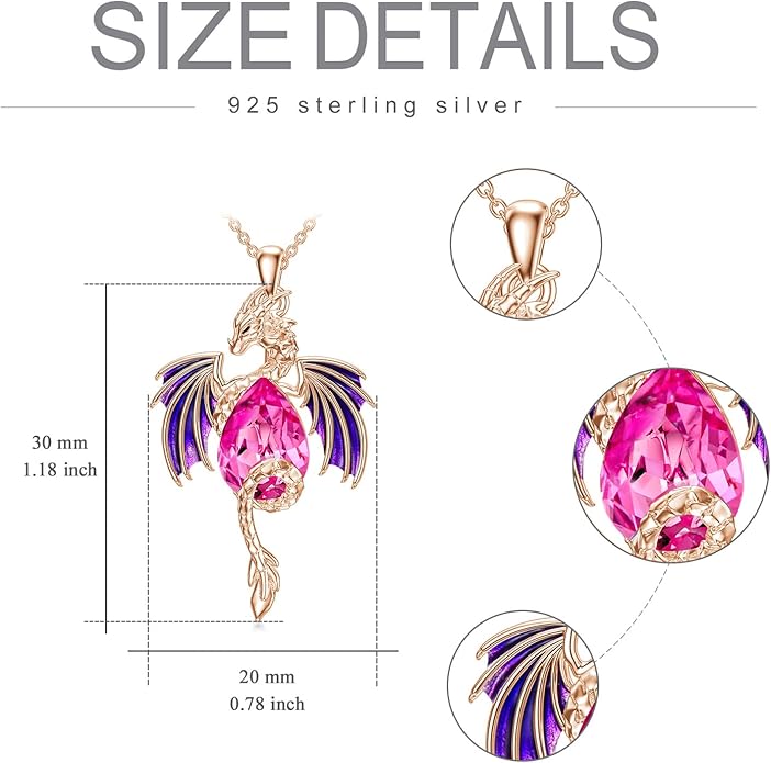 Dragon Necklace for Men Sterling Silver Birthstone Wyvern Necklace Embllished with Teardrop Shaped Crystal Jewelry for Women