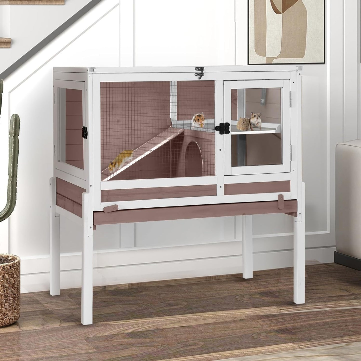 Guinea Pig Cage Indoor with Cool Zinc Plate Rabbit Hutch with Wheels and Removable Proof Tray Elevated Legs Hamster Cage with Chew-Resistant Metal Frame 36.6" L(Brown)