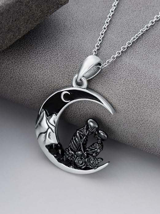 Gothic Jewelry Bat/Cat/Wolf/Dragon/Owl/Fox/Spider/Sun Pendant Sterling Silver Crescent Moon Necklace for Women Girls Black Jewelry Gifts