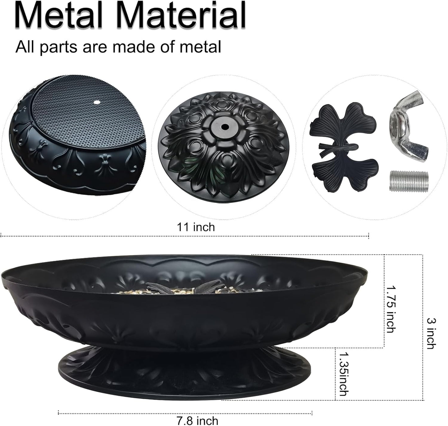 Ground Platform Bird Feeder Tray,11” Metal Large Standing Bird Feeder Mesh Seed Tray,for Outdoor Garden (Black-2 Pack)