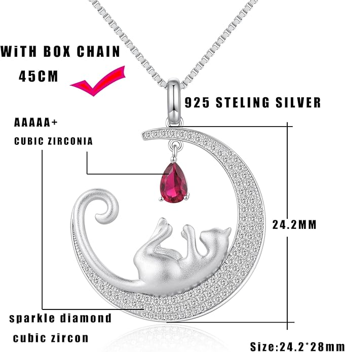 jiamiaoi 18K White Gold Plated Cat Necklace 925 Sterling Silver Diamond Cat Necklace Silver Cat On Moon Necklace for Women Gift for Birthday/Christmas, Come with Gift Box