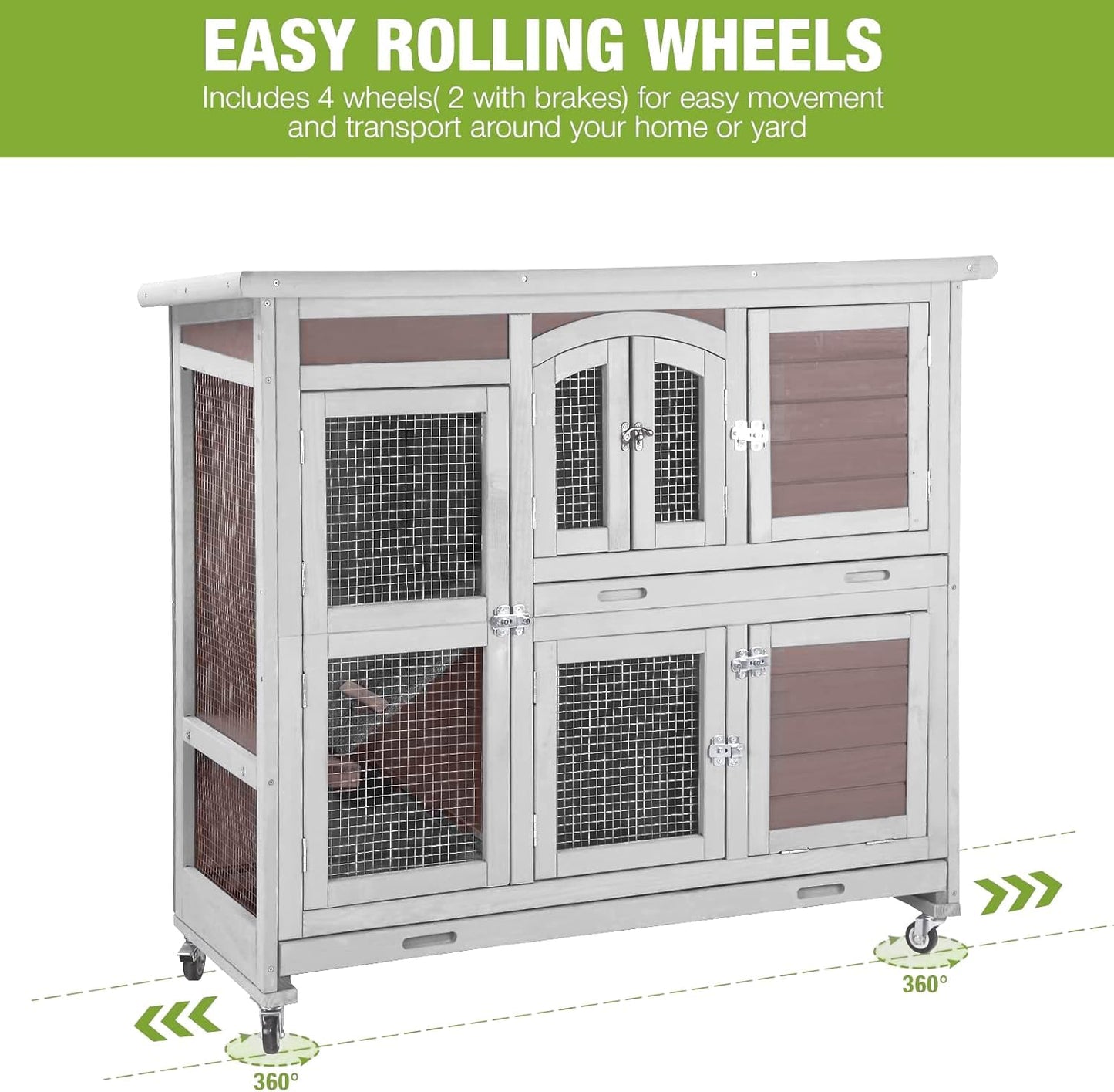 GUTINNEEN Rabbit Hutch Indoor Outdoor Bunny House Guinea Pig Cage on Wheel with Plastic Tray 47inch (Brown)