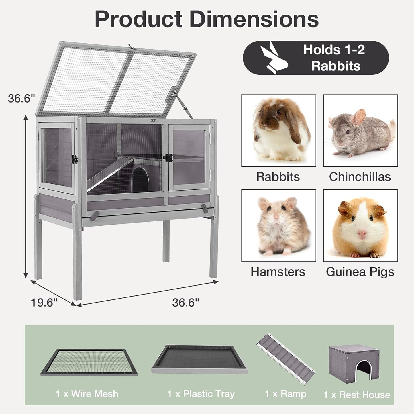 Guinea Pig Cage with Wooden Stand - Hamster Cage, Small Animal Cage Anti Chew Ramp, Hideout, Platform, Pull Out Tray (Grey, L)