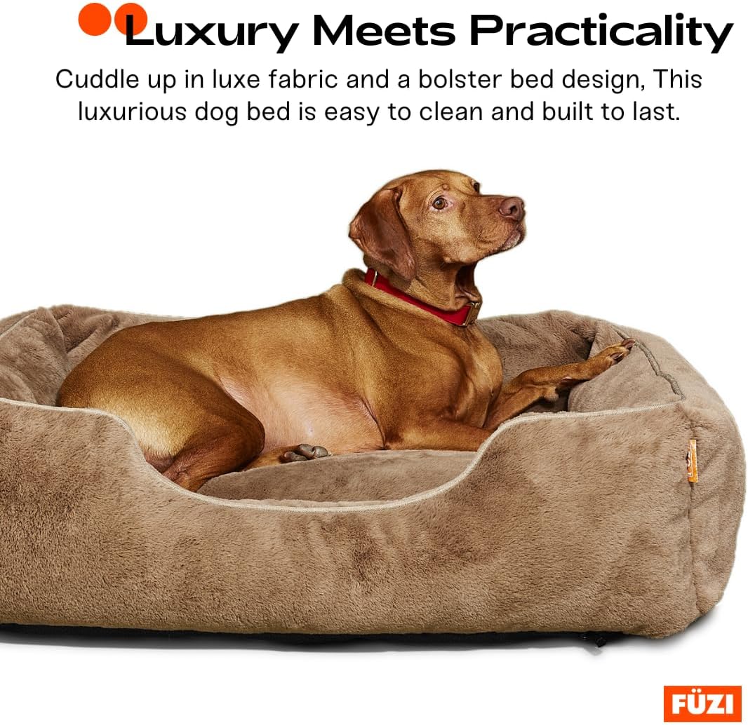FUZI Luxury Aesthetic Dog Bed for Large Dogs with Washable Cover, Pet Couch, Pet Bed with Sides, Non-Slip Bottom, Soft and Durable Calming Dog Bed, Faux Fur Cover, Large 35.6x28.5x9.5 Light Grey
