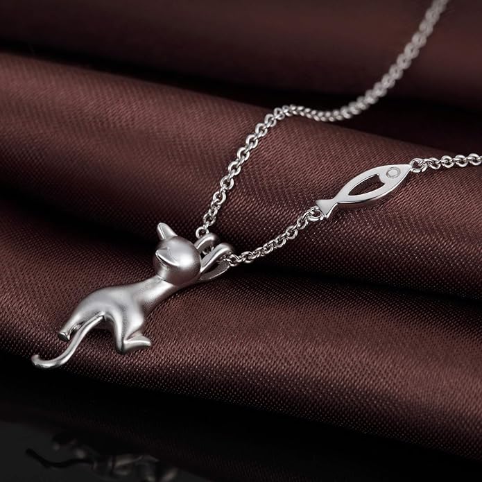 jiamiaoi 18K White Gold Plated Cat Necklace 925 Sterling Silver Diamond Cat Necklace Silver Cat On Moon Necklace for Women Gift for Birthday/Christmas, Come with Gift Box