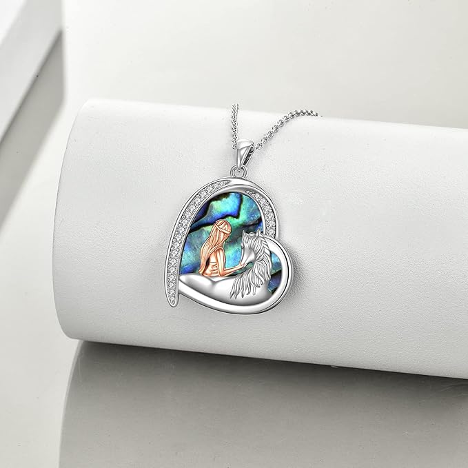 Horse Necklace Gifts for Women Sterling Silver Abalone Love Heart with Horse Pendant Necklace Jewelry Gifts