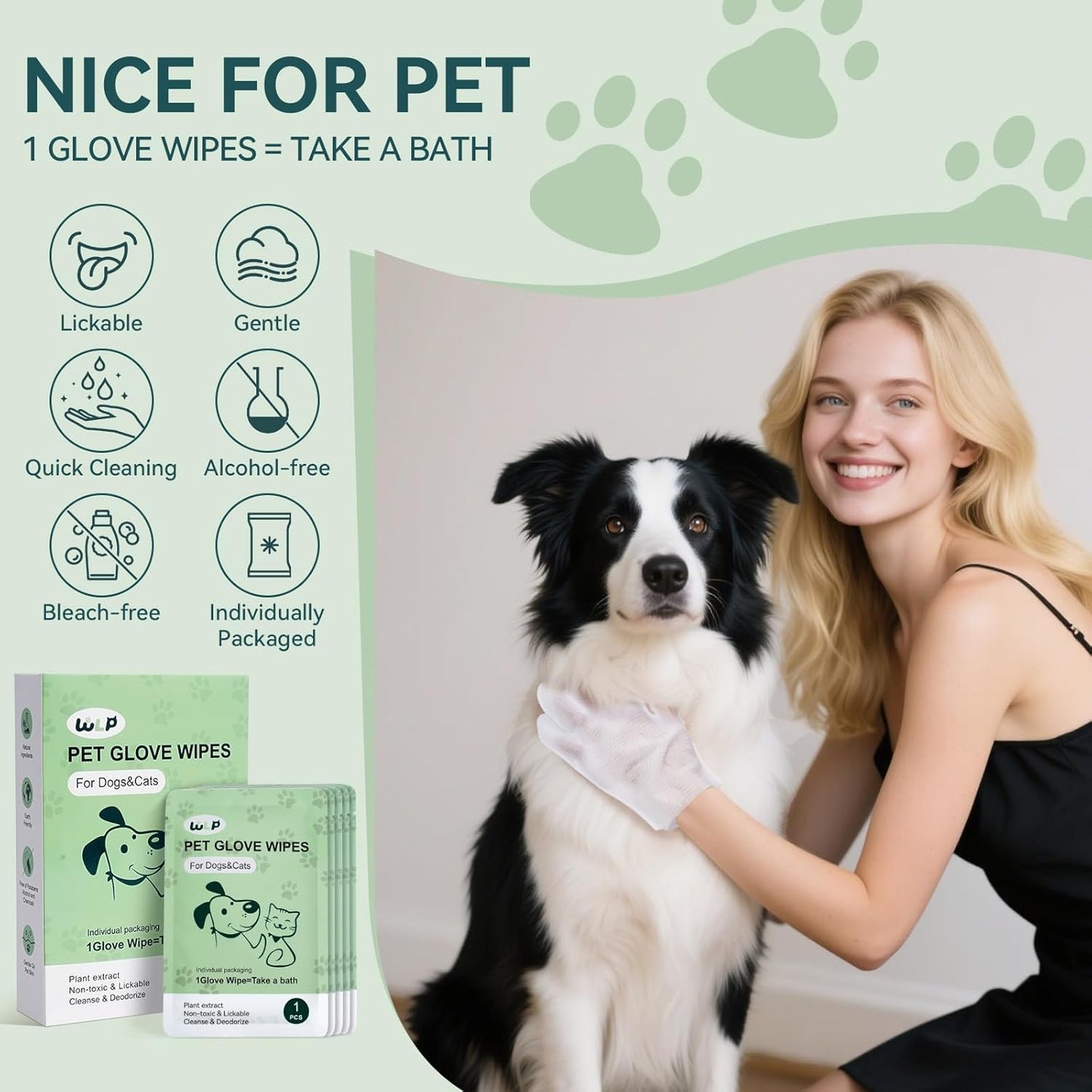 WLP 24 PCS Pet Cleaning and Deodorizing Glove Wipes for Dogs & Cats Hypoallergenic Pet Cleaning and Hydrating Glove Bath Wipes Enriched with Aloe & Jojoba Oil Individually Wrapped