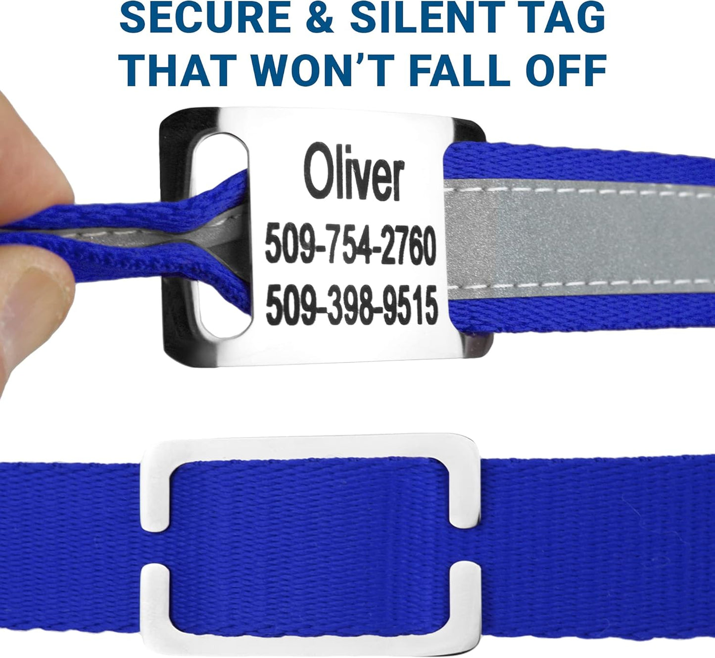 GoTags Reflective Personalized Dog Collar with Nameplate, Adjustable Dog Collar with Custom Engraved Steel Slide On Pet ID Tag, Silent, No Noise Dog Tag for Large Medium or Small (Blue, Small)