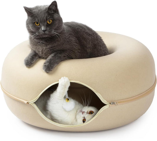 Jia Xi Cat Bed and Hideout, Large Indoor Cat Condo with Tunnel and Cave (24 inch, Beige)